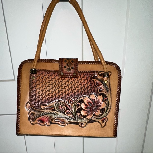 Vintage Tooled Brown Leather Shoulder Bag with Bird Design - Picture 3 of 11